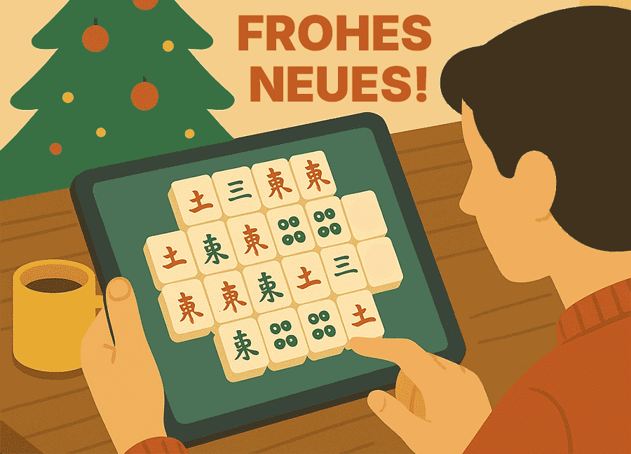Person spielt Mahjong Solitär zu Neujahr auf einem Tablet