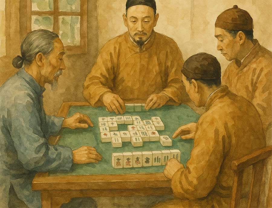 Vier Männer spielen traditionelles Mahjong am Tisch