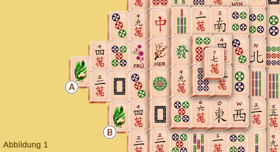 Mahjong-Spielfeld mit spielbarem und blockiertem Steinpaar