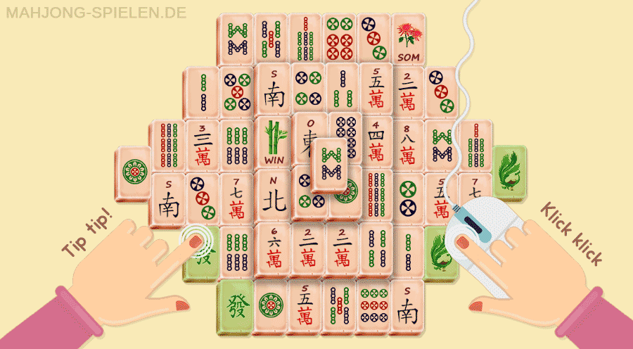 Mahjong-Spielfeld mit Finger- und Mausklick zur Steinwahl